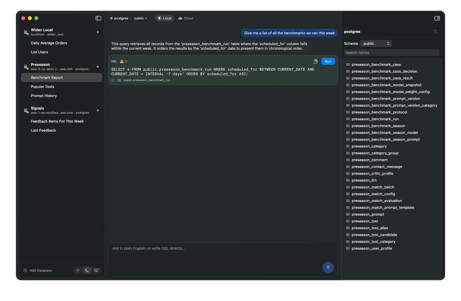 Widen Postgres GUI showing a text-to-SQL agent query on macOS.